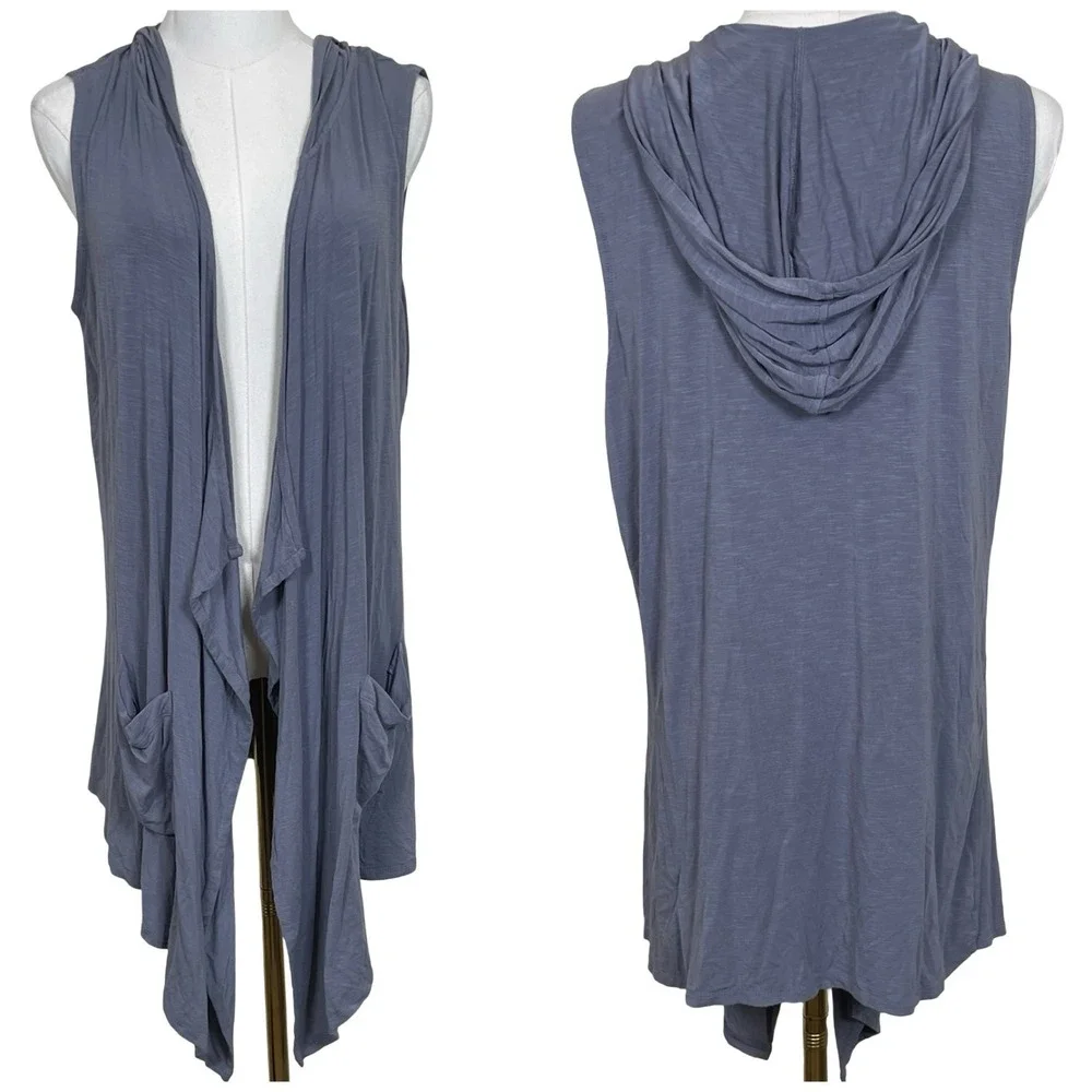 LOGO‎ Lori Goldstein Hooded Vest Women M Blue Gray Sleeveless Open Front Draped